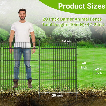 20 Panels No Dig Decorative Outdoor Garden Fence for Yard, 40 in(H) X 47.2 ft(L) Animal Barrier Fencing Rustproof Metal Wire Panel Border for Dog, Rabbits, and Patio Temporary Ground Stakes