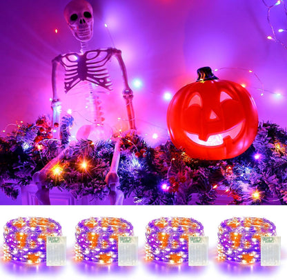 4 Pack 60LED Halloween Fairy Lights Battery Operated - 20FT Twinkle Lights with 2 Lighting Modes Indoor, Waterproof Led Fairy String Lights for Christmas, Bedroom, Dorm, DIY Decor, Purple & Orange