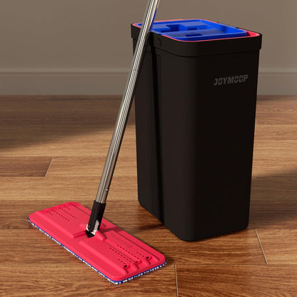 JOYMOOP Mop and Bucket with Wringer Set, Hands Free Flat Floor Mop and Bucket, with 6 Washable Microfiber Pads, Wet and Dry Use, Floor Cleaning System - Black+Red+Slate Blue