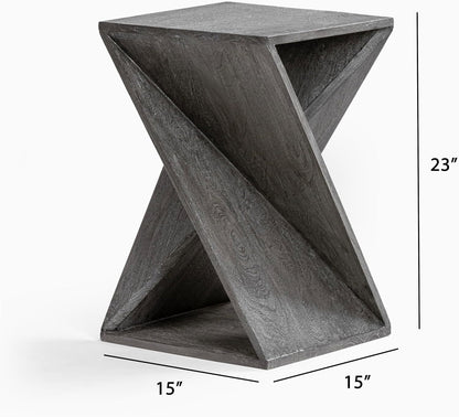 Modern Hand Made One-of-a-Kind Carved Mango Wood End Table, Farmhouse Side Table,Farmhouse End Table,Living Room,Bedroom, Accent Table, Contemporary Architectural Designed Grey,Assembled