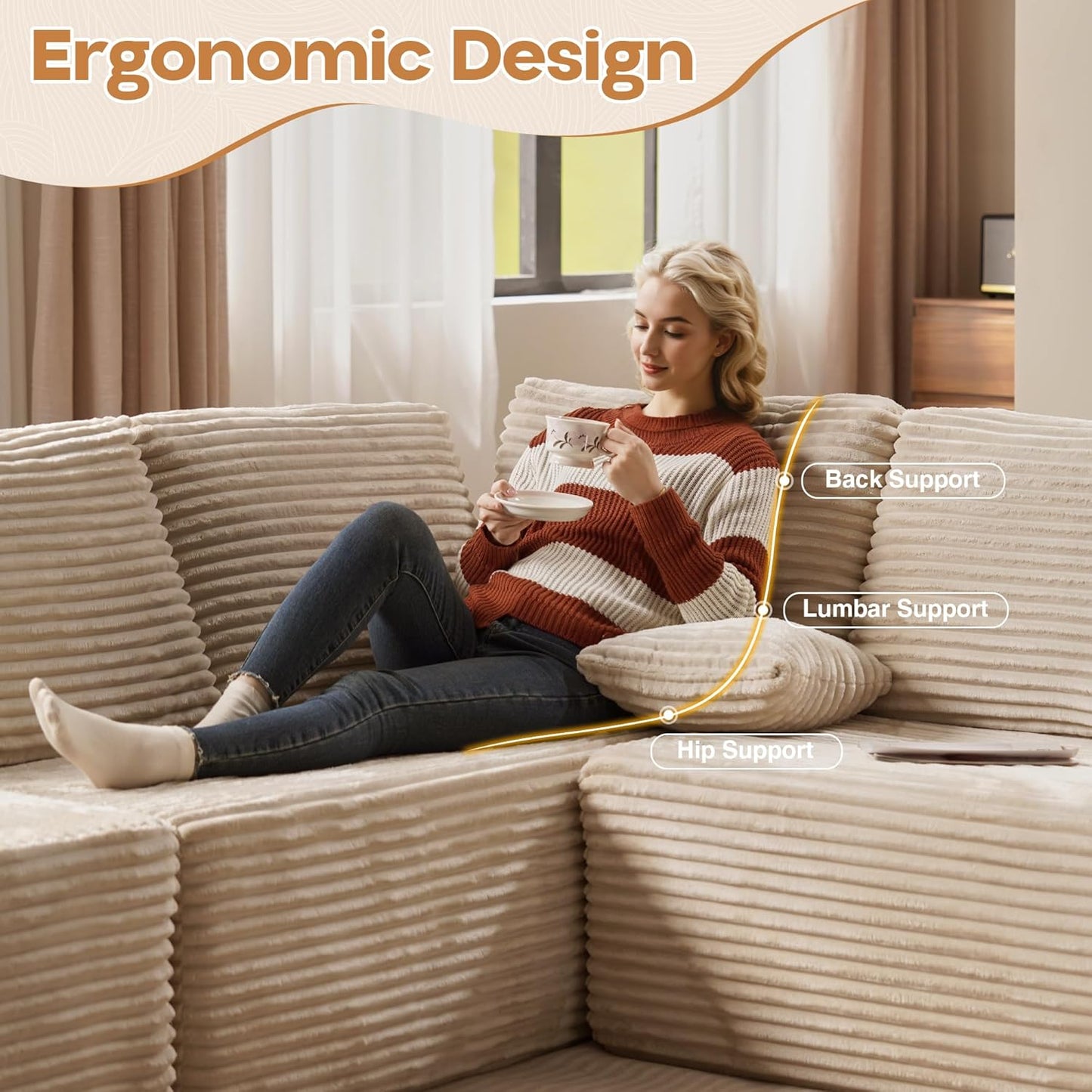 Cloud Sectional Couches for Living Room,G Shaped Modular Sofas No Assembly,135x133 Inches Plush Corduroy Oversized Floor Couch Set with Deep Seat Chaise,Beige