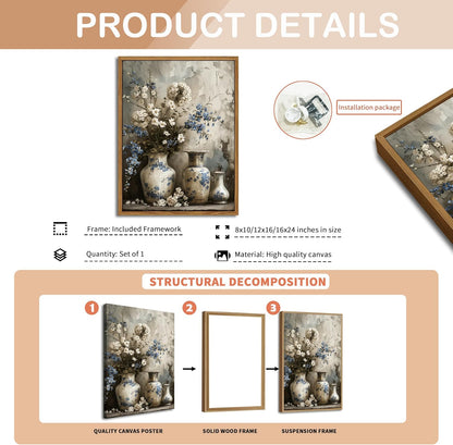 Floating Framed Farmhouse Floral Canvas Wall Art, Vintage Blue and White Flower Pictures Wall Decor, Elegant Art Jar Posters Print for Living Room Bedroom Bathroom Rustic Decor 12x16 inch