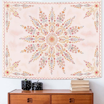 Fowocu Boho Floral Mandala Tapestry for Bedroom Aesthetic Pink Bohemian Flower Wall Tapestry Watercolor Hippie Indian Tapestries Wall Hanging for Living Room Dorm Decor 60 x 44 Inch