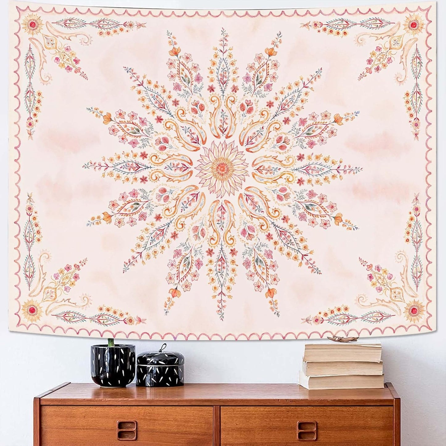 Fowocu Boho Floral Mandala Tapestry for Bedroom Aesthetic Pink Bohemian Flower Wall Tapestry Watercolor Hippie Indian Small Tapestries Wall Hanging for Living Room Dorm Decor 40 x 30 Inch