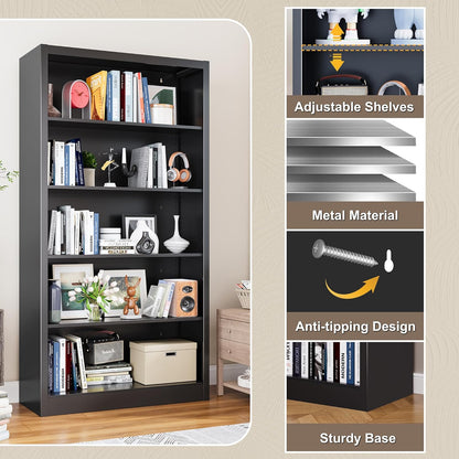 Book Shelf, 14" Deep Bookshelves Cases for Books, Garage Kit, CDs, 66" Tall Bookcase for Home Office Library Living Room, 5 Tier Bookshelf with Adjustable Shelves, Black Book Cases