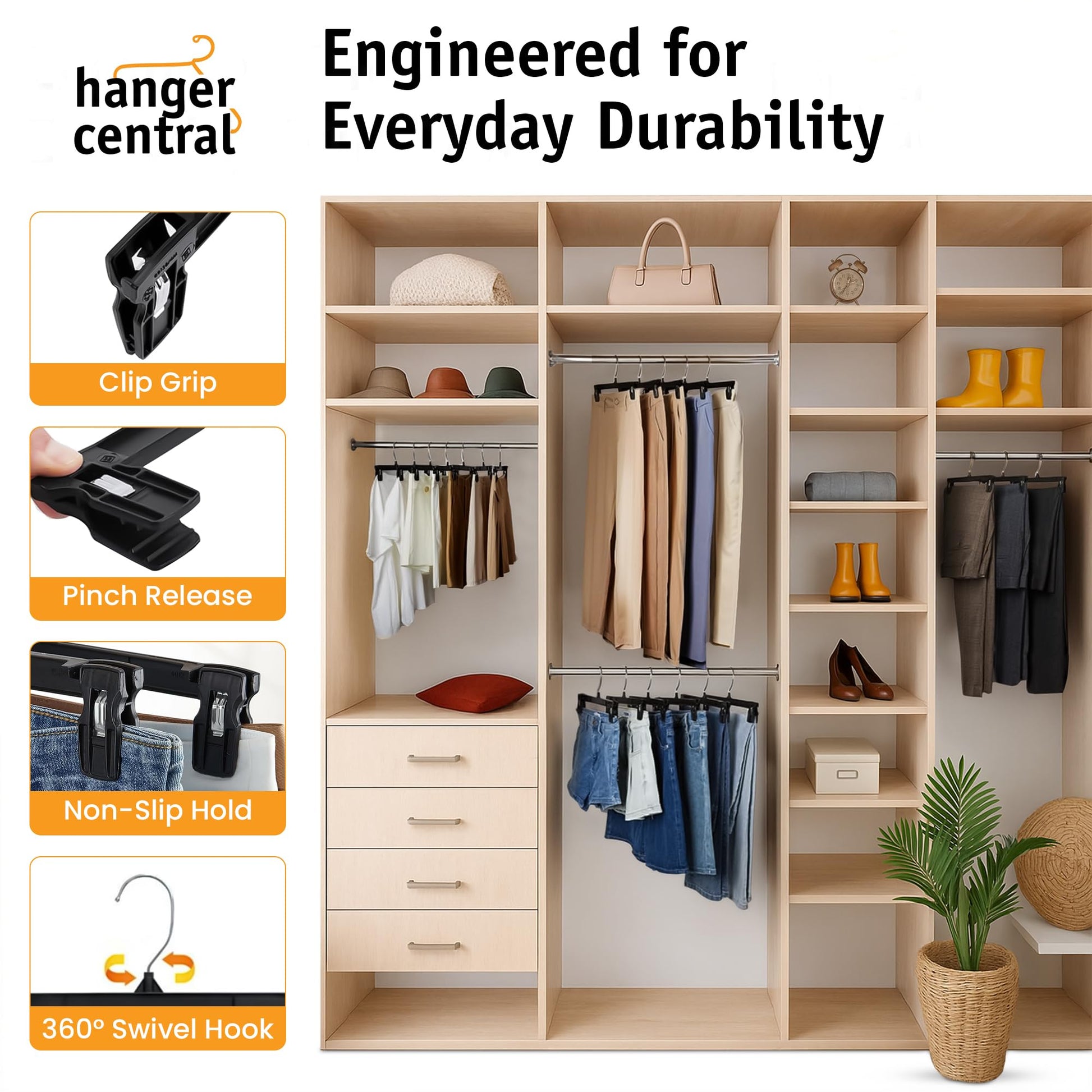 Hanger Central 12 inch 30 Pack Pants Hangers Slim Plastic Clothes Hangers with Clips for Skirts