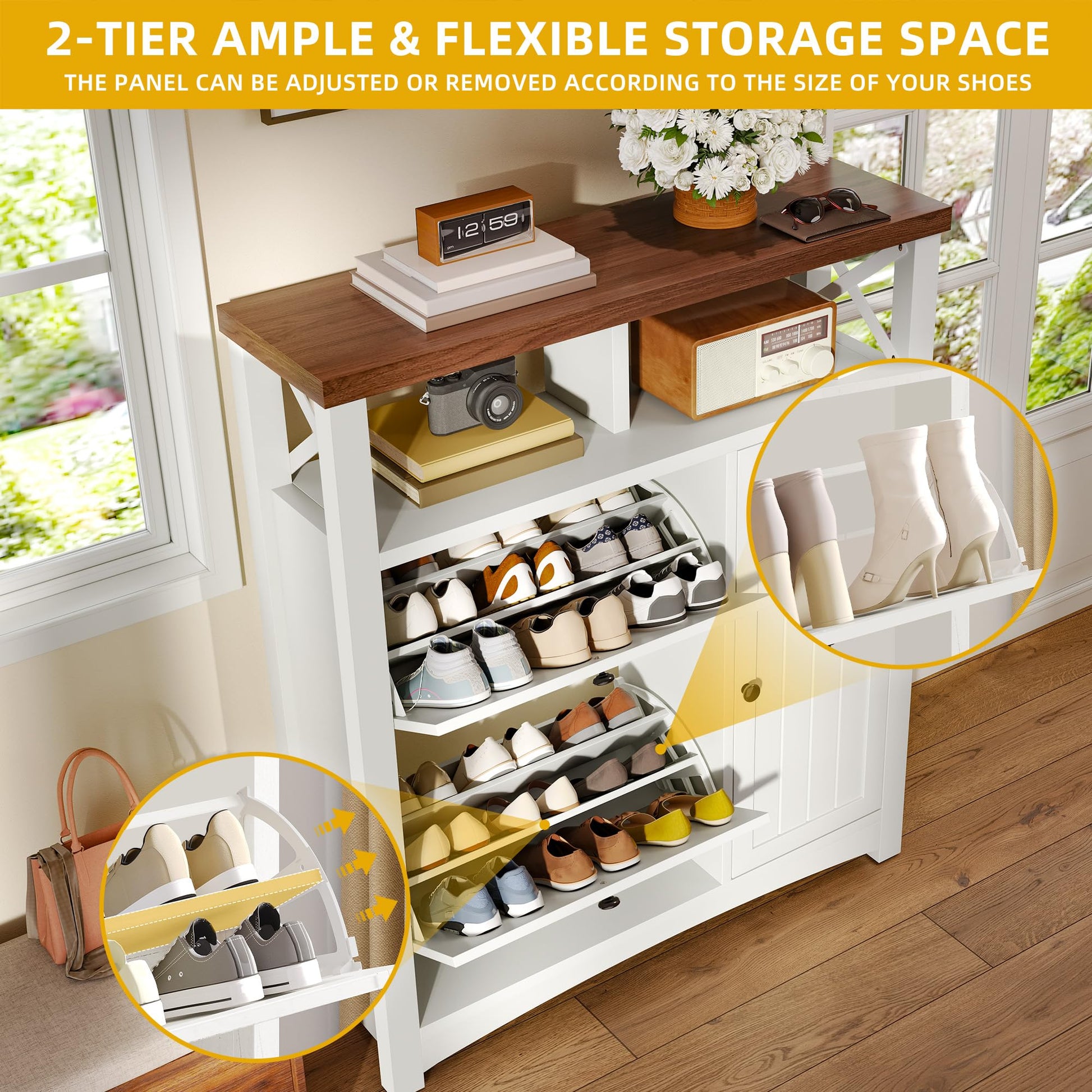 DWVO Farmhouse Shoe Cabinet with 2 Flip Drawers