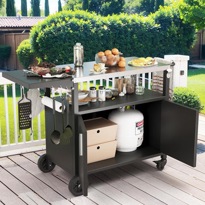 JY QAQA Outdoor Grill Cart with Storage,Patio Kitchen Island Outdoor Grill Table with Wheels,BBQ Cart Movable Pizza Oven Table Stand, Storage Cabinet, Foldable Tabletop, Black