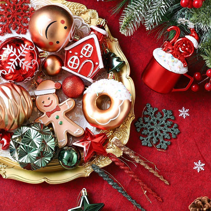 Gingerbread Man Christmas Tree Ball Ornaments Set - 72 ct Red Green Copper Gold Plastic Shatterproof Hanging Ornaments for Xmas Tree Indoor Outdoor Holiday Party Decorations