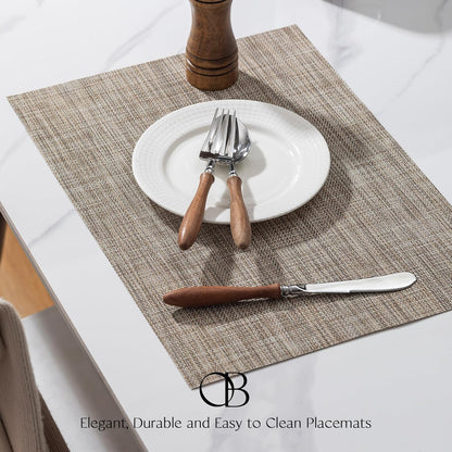 Placemats Set of 4 - Easy Clean Woven Vinyl Placemats for Dining Table, Indoor/Outdoor Place Mats, Washable PVC Table Mats（Caramel）
