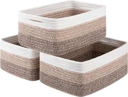 3 Pack Small Storage Baskets for Organizing, Cute Woven Decorative Gift Baskets for Shelves, Mini Closet Organizer Bins with Handles, 11.81''Lx7.87''Wx4.72''H-Brown White