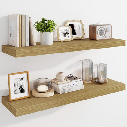 Marsmiles 36" Floating Shelves for Wall, Wooden Shelves with Invisible Brackets Set of 2, Rustic Farmhouse Wall Mounted Shelf for Kitchen Bathroom Living Room Study, Natural Oak