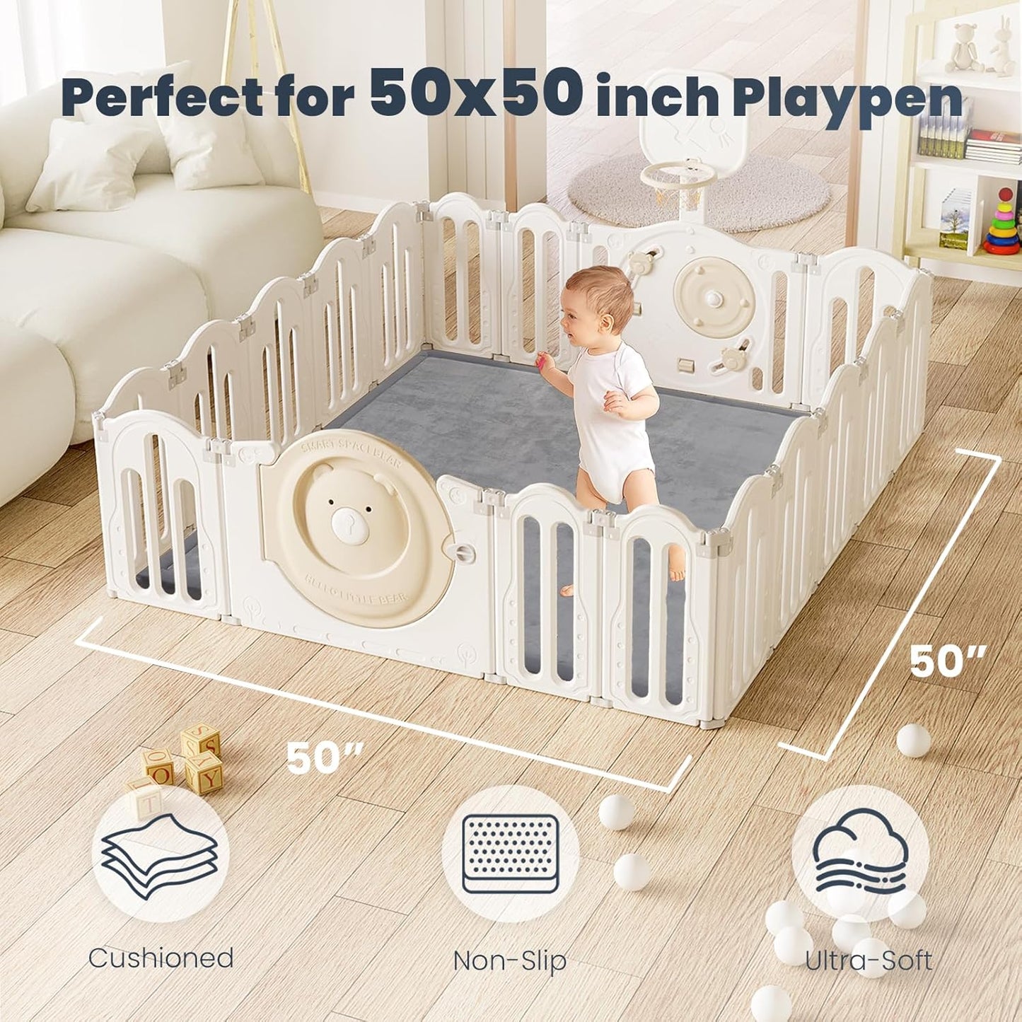 ACOMOPACK Baby Play Mat for Floor 1.3" Thick Memory Foam 50x50 Soft Velvet Playpen Mat for Kids,Infants,Toddlers,Tummy Time Crawling Mats with Non-Slip Bottom,Yoga,Tatami,Nursery Rug（Dark Grey）