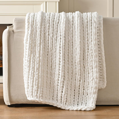 Esterra Chunky Knit Blanket Throw 40"x50", 100% Hand Knitted Chenille Throw Blanket, Cozy Soft Thick Cable Knit Throw Large Rope Knot Crochet Throw Blanket for Sofa Couch Bed, Snow White