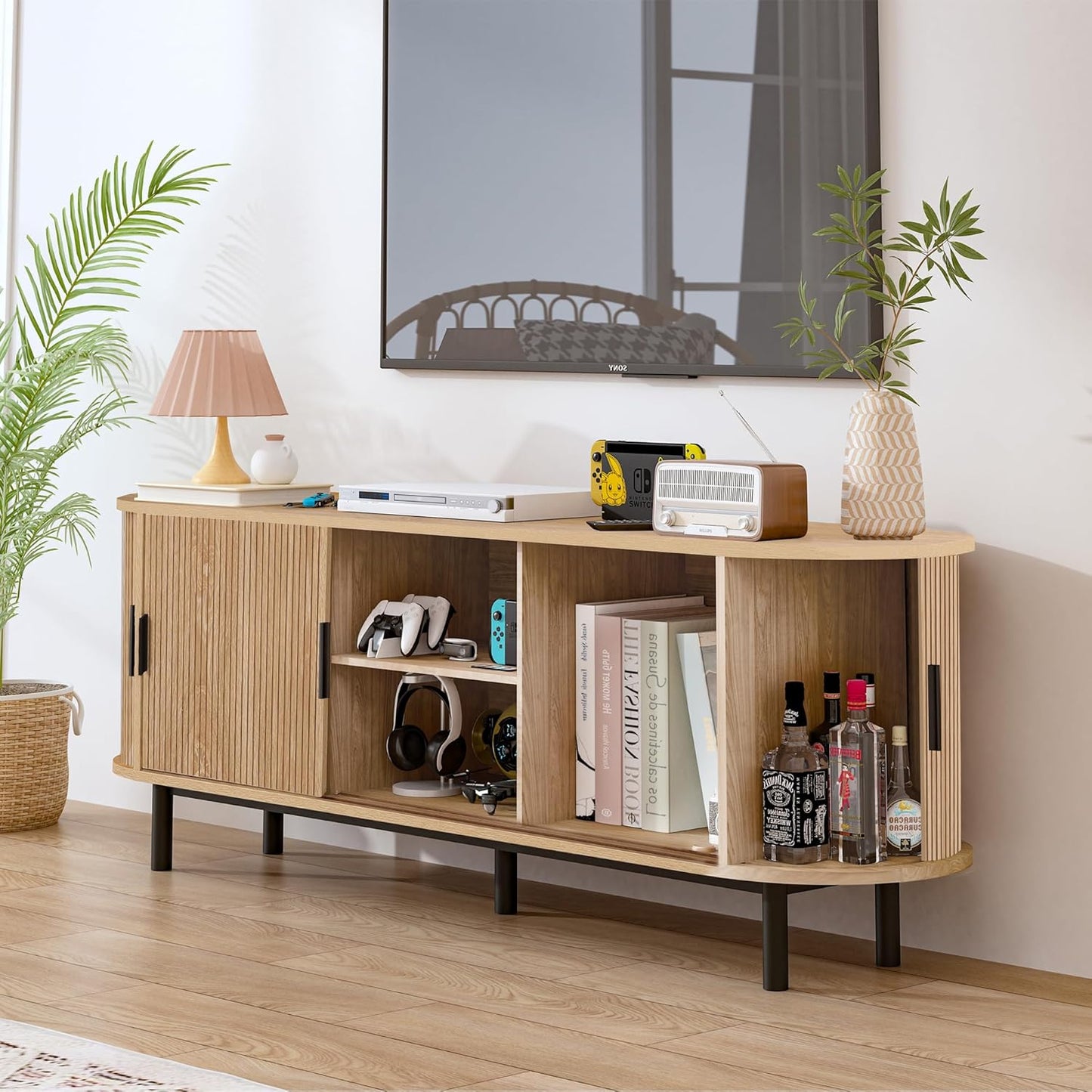 62" Tambour Door TV Stand,Wood Mid Century Modern TV Cabinet for Up to 75“ TV,Curved Edge Long TV Stand with Storage for Bedroom Living Room (Natural, 62.2inch)