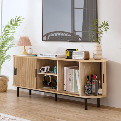 62" Tambour Door TV Stand,Wood Mid Century Modern TV Cabinet for Up to 75“ TV,Curved Edge Long TV Stand with Storage for Bedroom Living Room (Natural, 62.2inch)