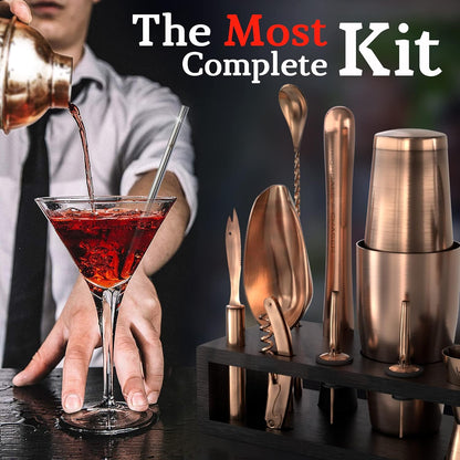 Highball & Chaser Bartender Kit with Black Bamboo Stand Beautiful Cocktail Shaker Set and Bar Tools Stainless Steel Boston Shaker Bartender Kit with Stand (Antique Copper)