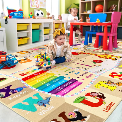 Kids Rugs for Playroom Washable, Educational and Fun Learning Rugs with ABC Alphabet Animals Shapes, Baby Toddler Children's Play Mat for Bedroom Classroom Nursery, 5x7 Feet, Beige and Pink