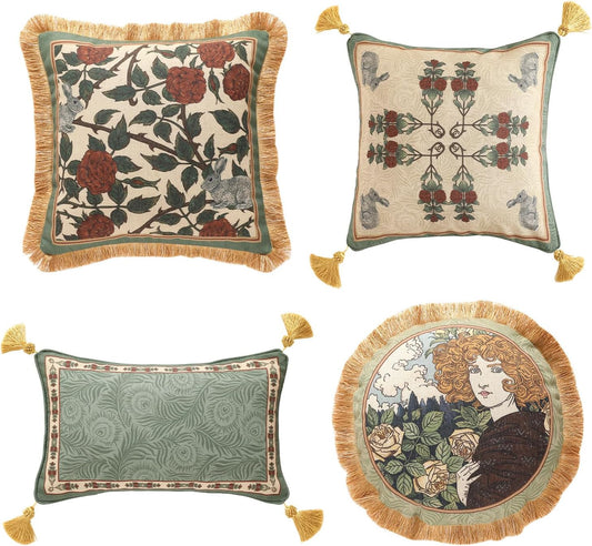 patdrea Designer Throw Pillow Covers Set of 4,French Elegant Green Linen with Rose Collection Pattern Pillow Covers,Decorative Lumbar Square Round Pillowcases Cushion for Bed Living Room Outdoor