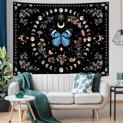 Aipon Blue Butterfly Moon Flower Wall Hanging - Botanical Boho Floral Tapestry for Bedroom & Living Room (44.00" x 60.00", Blue)