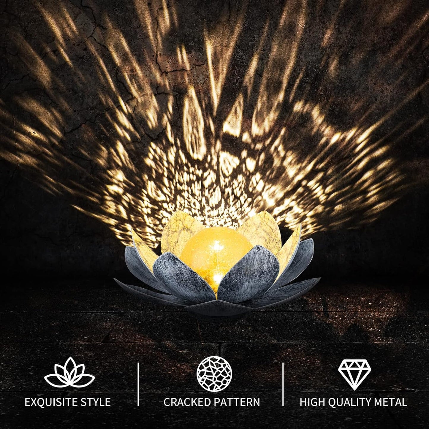 Garden Solar Light Outdoor(2Pack), Amber Crackle Globe Glass Lotus Decoration, Waterproof Gary Metal LED Flower Lights for Patio,Lawn,Walkway,Tabletop, Garden Gifts for Women