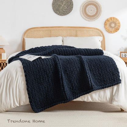Chunky Knit Blanket Throw, 100% Hand Knit Throw Blanket Handmade Chenille Cable Knit Throw for Couch, Stylish Cozy Soft Rope Knot Crochet Blanket for Home Decor, Navy Blue, 50x60 Inches