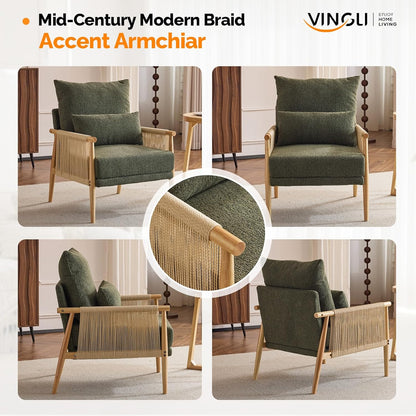 VINGLI Boho Braid Accent Armchair,Mid-Century Modern Chiar with Solid Wooden Armrest,Comfy Louge Cushion Chair with Waist Pillow for Bedroom,Living Room,Reading Room, Dark Green