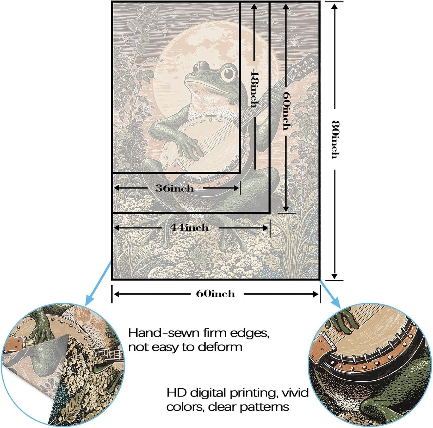 Lunerfex Moonlit Banjo Frog Wall Tapestry, Whimsical Amphibian Musician Tapestries for Room Decor, Folk Art Tapestry 36L x 48W