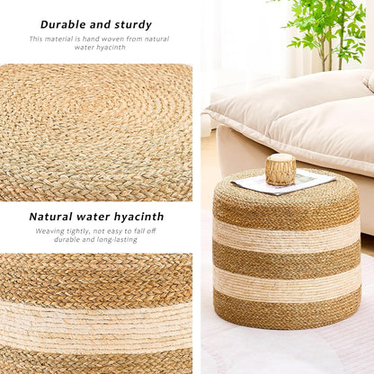 Handwoven Ottoman Pouf, Natural Seagrass Footstool, Round Braided Outdoor Seat with Sturdy Frame, Boho Accent Stool for Patio, Balcony, or Garden (Seagrass White)
