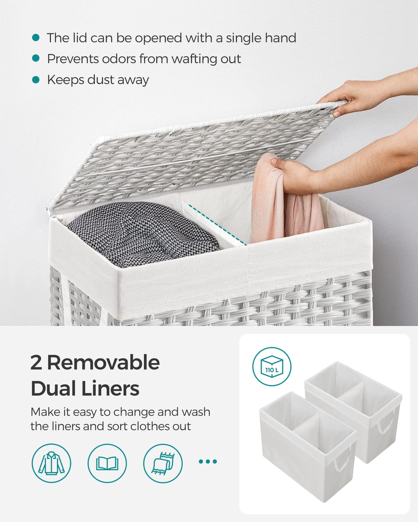 SONGMICS Laundry Hamper with Lid, 110L Wicker Laundry Basket