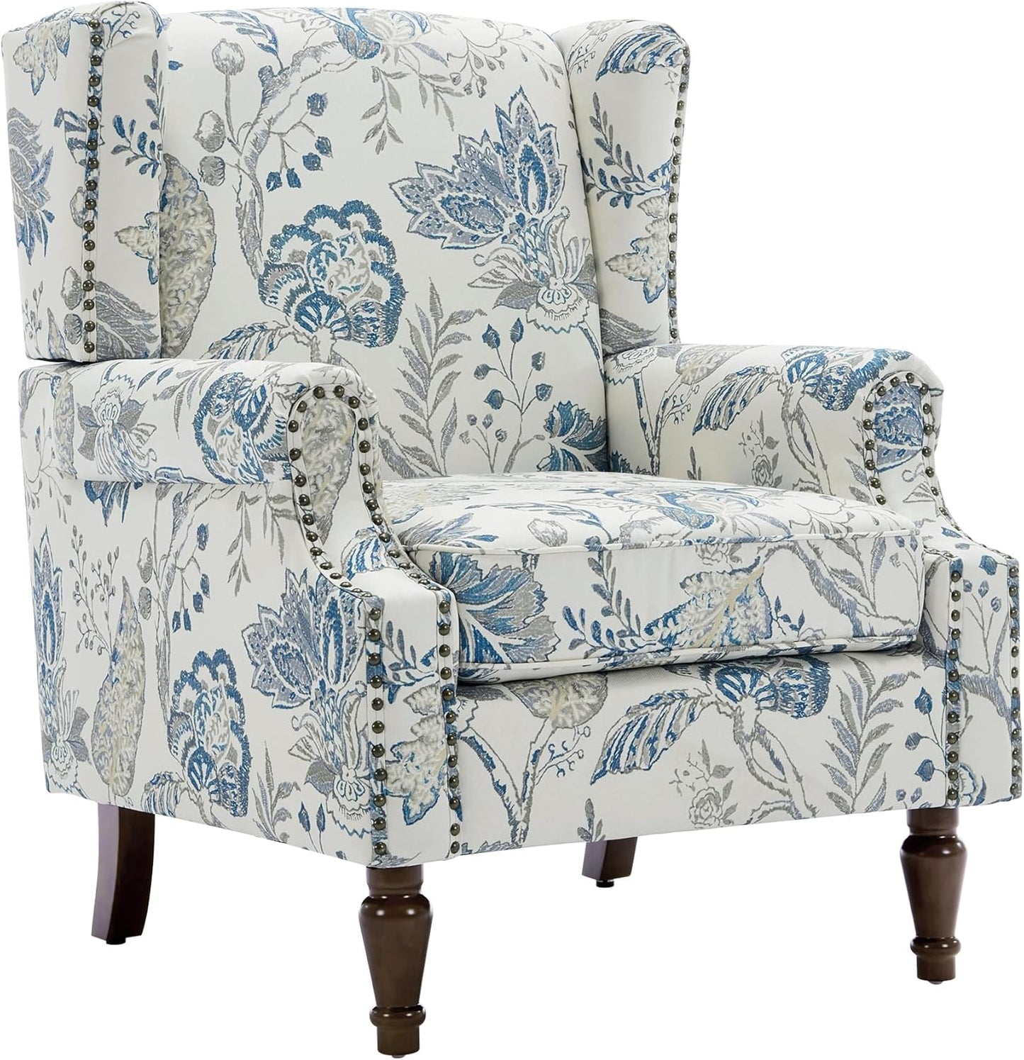 UIXE High Back Floral Accent Chair, Upholstered Armchair in Fabric, Retro Printed Wingback Arm Chair for Living Room, Nailhead Trim Single Sofa Bedroom Reading Seat - Plants Blue