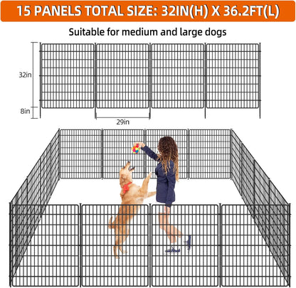 15 Panels No Dig Fence with Gate, 32 in(H) X 36 ft(L) Garden Decorative Fence Animal Barrier for Dogs, Rustproof Metal Garden Edging Border for Outdoor, Yard, Patio, Black