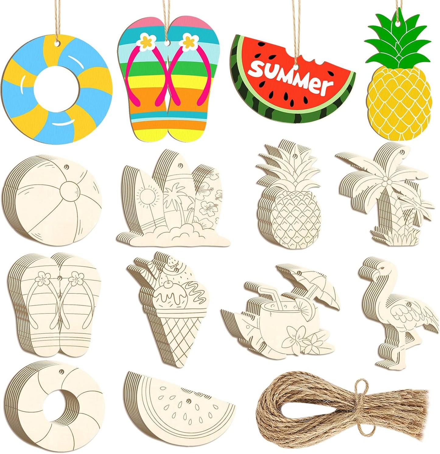 80PCS Wooden Summer Ornaments to Paint, 10 Styles DIY Blank Unfinished Wood Beach Cutouts Ornament for Crafts Hanging Decorations, Watermelon Surfboard Slippers Coconut Tree Home Decorations Gifts