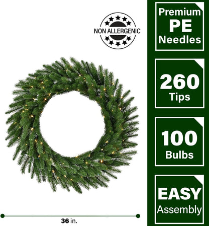 Fraser Hill Farm 36-in. Green Fir Wreath Warm White LED Lights | Battery Operated | Festive Christmas Holiday Decorations | Indoor Hanging Decor for Doors, Fireplace Mantels | FFGF036WR-5GR