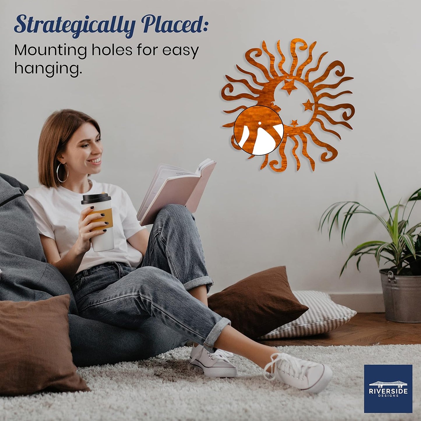 Riverside Designs Wacky Solar Moon Metal Wall Art Steel Outdoor Decor | Heavy-Duty and Waterproof | Made in USA (Copper, 36L x 36W)