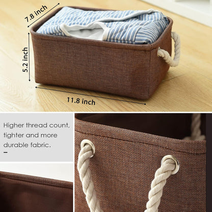 TheWarmHome Small Fabric Canvas Storage Bin with Cotton Rope Handles - Foldable Empty Basket for Gift (Brown-1 Pack,11.8L7.9W5.2H inch)