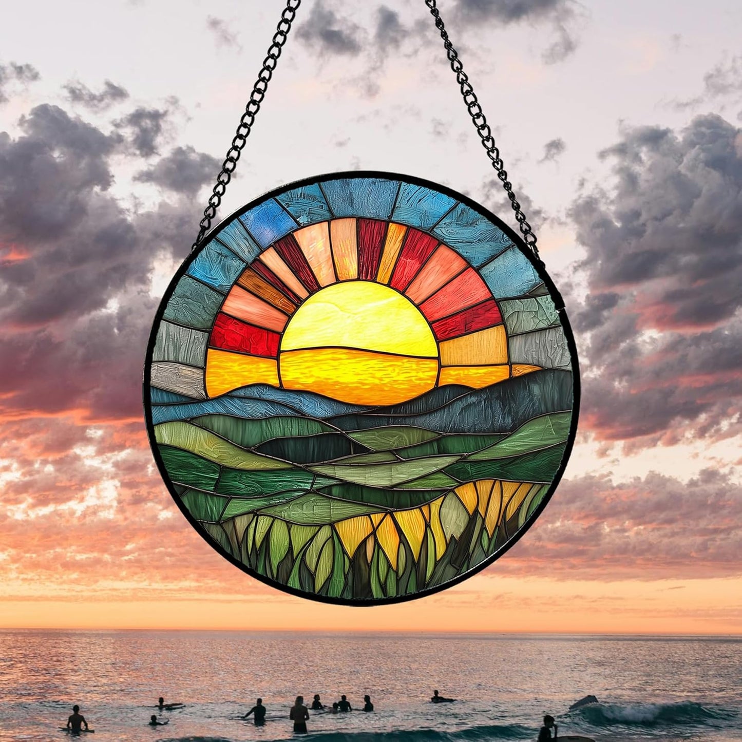 Stained Glass Window Hanging, Golden Red Sun Green Mountain Suncatcher for Window Home Decor Nature Landscape Sun Catcher Mother's Day Birthday Gifts for Women Men Mom Nana 11.8 in
