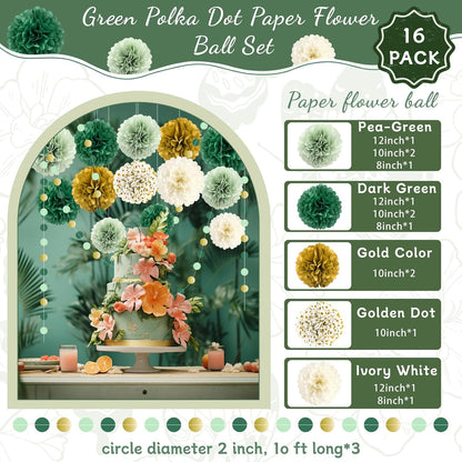 Green Wedding Party Decorations Set, 16 PCS Tissue Paper Pom Poms, Dots Paper Garland for Engagement, Green Boho Wedding, St. Patrick's Day Party, Baby Shower Party Decor