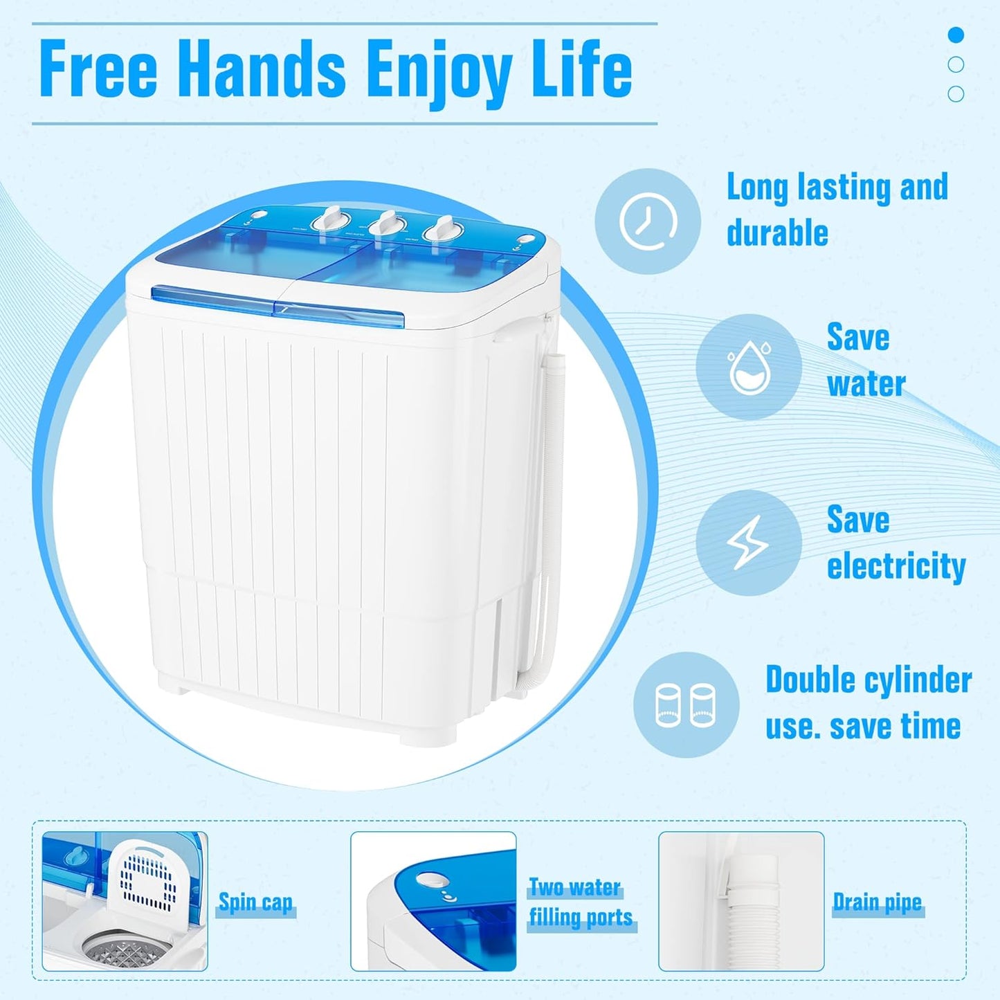 Pataku Portable Washing Machine, Compact Twin Tub Mini Washing Machine, 17.6 LBS Washer and Dryer Combo with Soaking Function, Semi-Automatic for Apartment, Dorms, RVs, Camping (White & Blue)