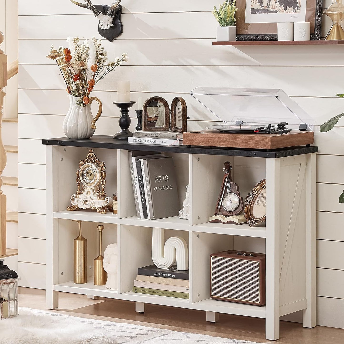 Farmhouse 6 Cube Bookshelf, Antique White & Black Wooden Storage Organizer Book Shelf, 47" Cubby Hallway Bookcase, Kids Toy Storage Cabinet, Modern Open Book Case for Living Room, Playroom