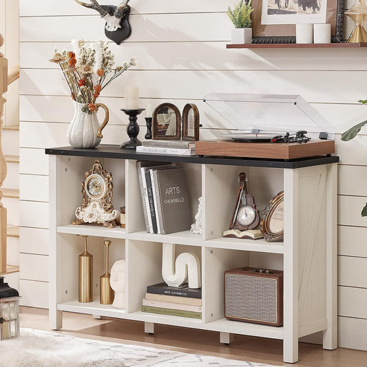 Farmhouse 6 Cube Bookshelf, Antique White & Black Wooden Storage Organizer Book Shelf, 47" Cubby Hallway Bookcase, Kids Toy Storage Cabinet, Modern Open Book Case for Living Room, Playroom