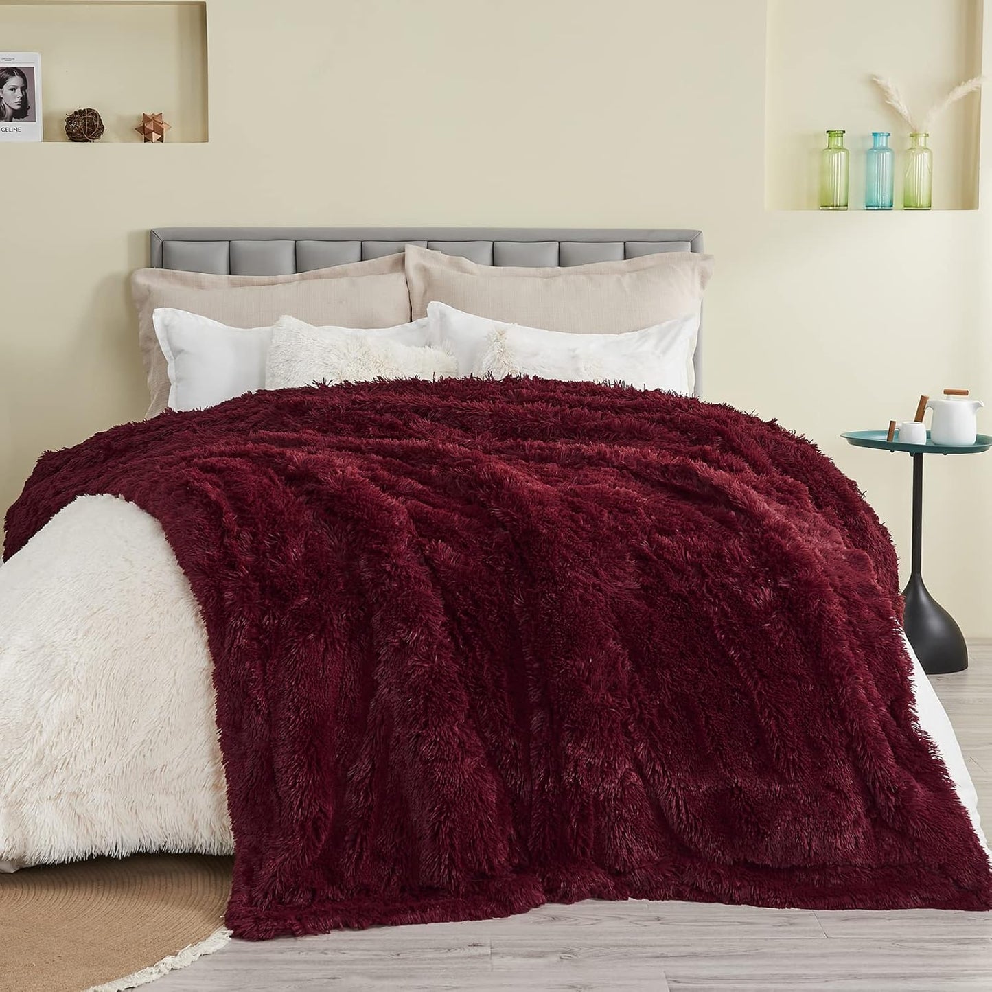 GONAAP Fuzzy Faux Fur Throw Blanket Queen Size Wine Red Super Soft Cozy Plush Fuzzy Shaggy Blanket for Couch Sofa Bed (Wine Red, Queen(90"x90"))