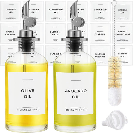 Olive Oil Dispenser Bottle - Includes 55 Kitchen Essential Labels - Cooking Oil Bottles for