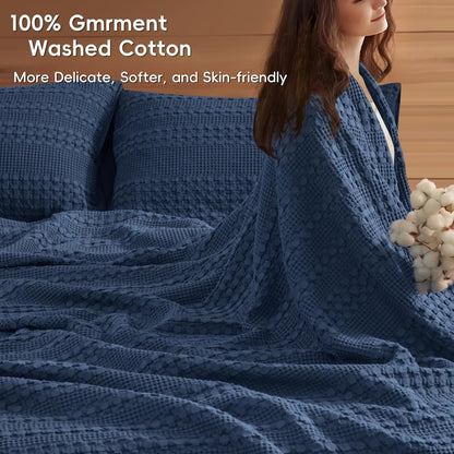 PHF 100% Cotton Waffle Weave Blanket King Size, Soft Lightweight Breathable Cozy Summer Blankets for Bed, Luxury Aesthetic Woven Bedding for Home Decor, 108"x90", Bright Navy Blue