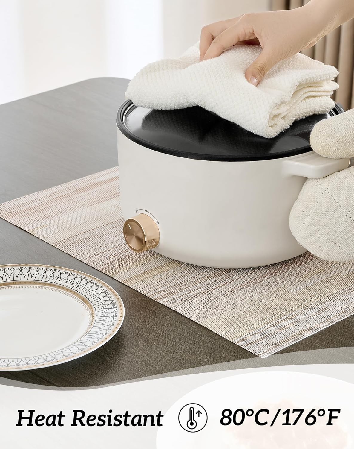 Leetaltree Lightsteel Beige with Yellow Placemats Set of 4 - Heat Resistant Non-Slip Place mats for Dining Table, Washable Durable PVC Vinyl Woven Table Mats (Lightsteel Beige, 4)