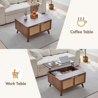 AVZEAR Lift Top Coffee Table with Storage, Mid Century Modern Coffee Table with Nature Linen Doors & Large Hidden Storage, Rounded Corners Center Table Farmhouse Coffee Tables for Living Room, Walnut