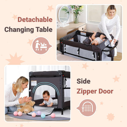 ELEMARA 5 in 1 Pack and Play, Adjustable Baby Bedside Bassinet Sleeper,1-Second Setup Foldable Playard from Newborn to Toddles,Bedside Crib with Changing Table,Portable Travel Bassinet,Ziper Door,Gray
