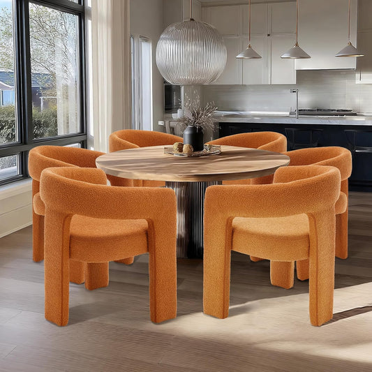 Orange Sherpa Dining Chairs Set of 6, Modern Barrel Dining Room Chairs Upholstered Faux Fur Accent