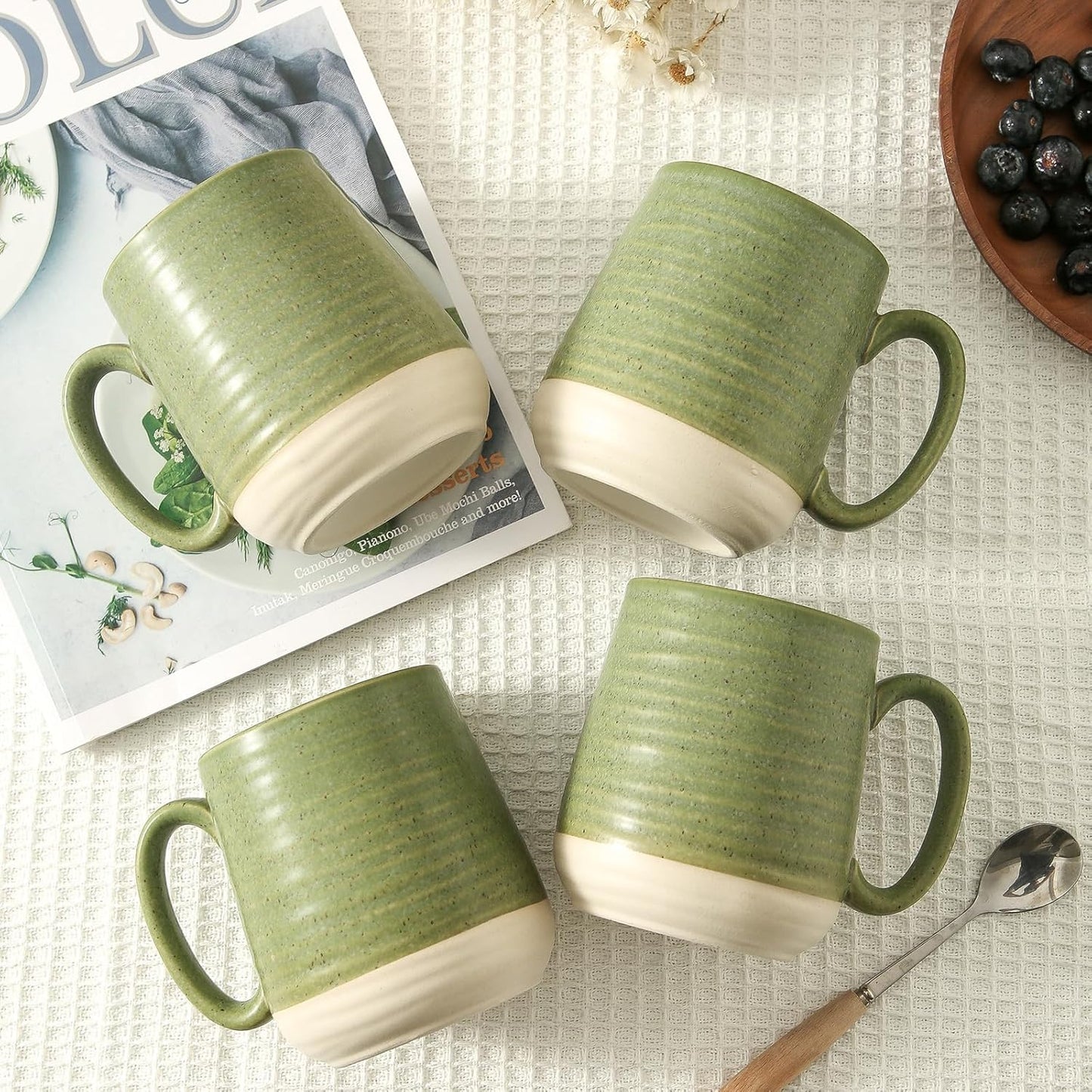 Large Ceramic Coffee Mugs Set - 15 OZ Porcelain Coffee Latte Cups Set of 4 with Handle Perfect for Cappuccino, Tea, Mocha, Hot or Cold Drinks, Unique Glaze Design for Home, Cafe and Coffee Bar, Green
