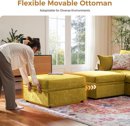 134.6" Oversized Modular Sectional Sofa, Large 7 Seater U Shaped Couch with Storage Ottoman with Reversible Chaise Deep Seat for Living Room, Apartment - Chenille Yellow